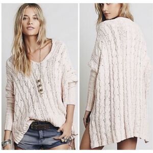 FREE PEOPLE Women’s Cream Long Sleeve Easy Cable Knit V-Neck Sweater Size Small